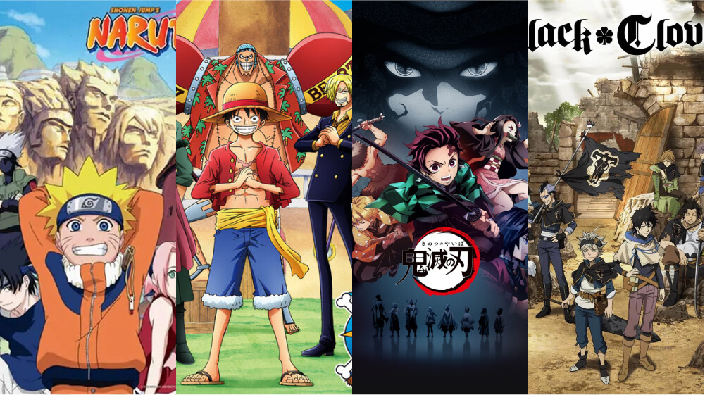 naruto, one piece, black clover, and demon slayer cover